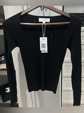 L*Space Black Ribbed V-Neck Long Sleeve Top NWT